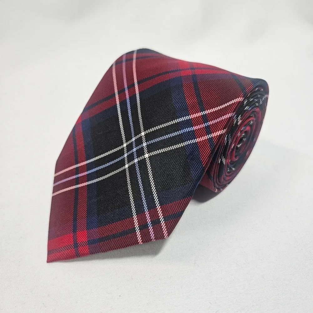 Mister Dean Red Black Blue Plaid 100% Silk Men's Necktie Hand Sewn‎